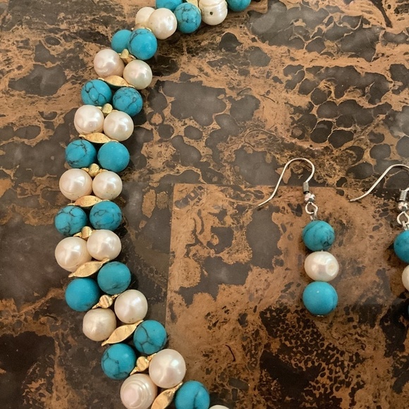 NWOT Turquoise White Pearl Choker Necklace/Bracelet/Earrings Gorgeous Set - Picture 8 of 10